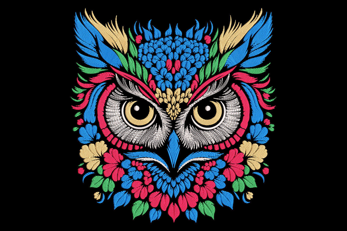 Floral owl embroidery design, folk-art owl face built from blue feather-petals, hot pink eyebrows, gold eyes and red hibiscus flowers on black background.