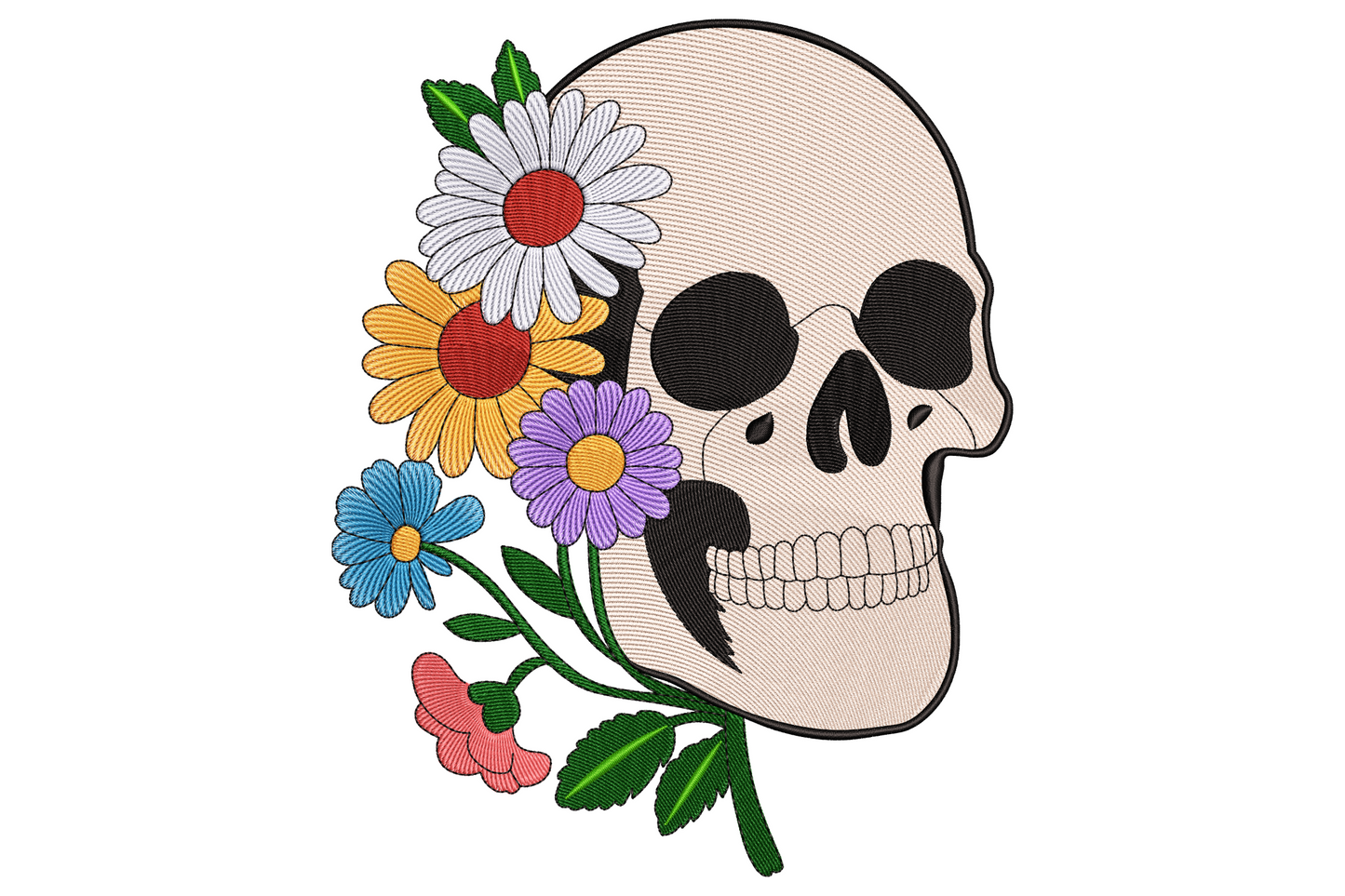 Floral skull embroidery with roses and blossoms filling the eye sockets in burgundy, coral, lavender and sage green on a cream skull base.