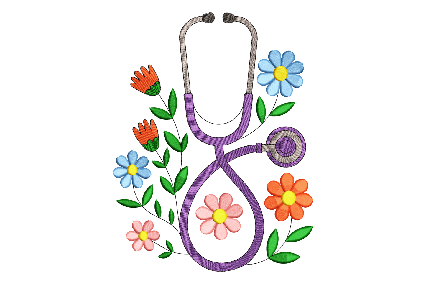 Stethoscope surrounded by colorful flowers on a white background