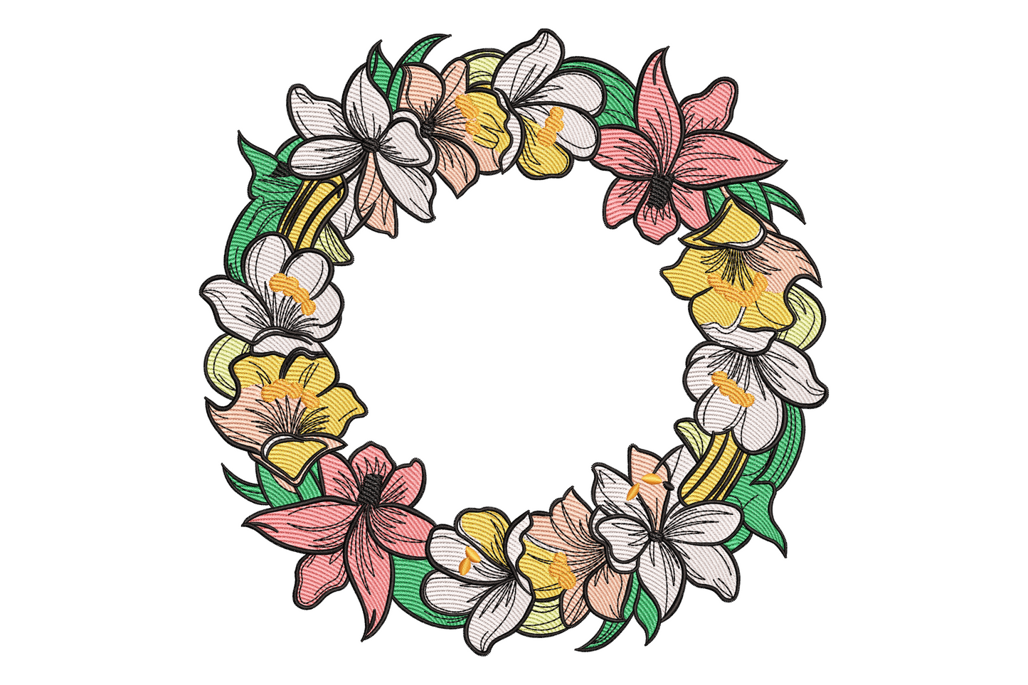 Circular floral wreath embroidery with blush pink lilies and peony blooms, sage green leaves, fine botanical outline style.