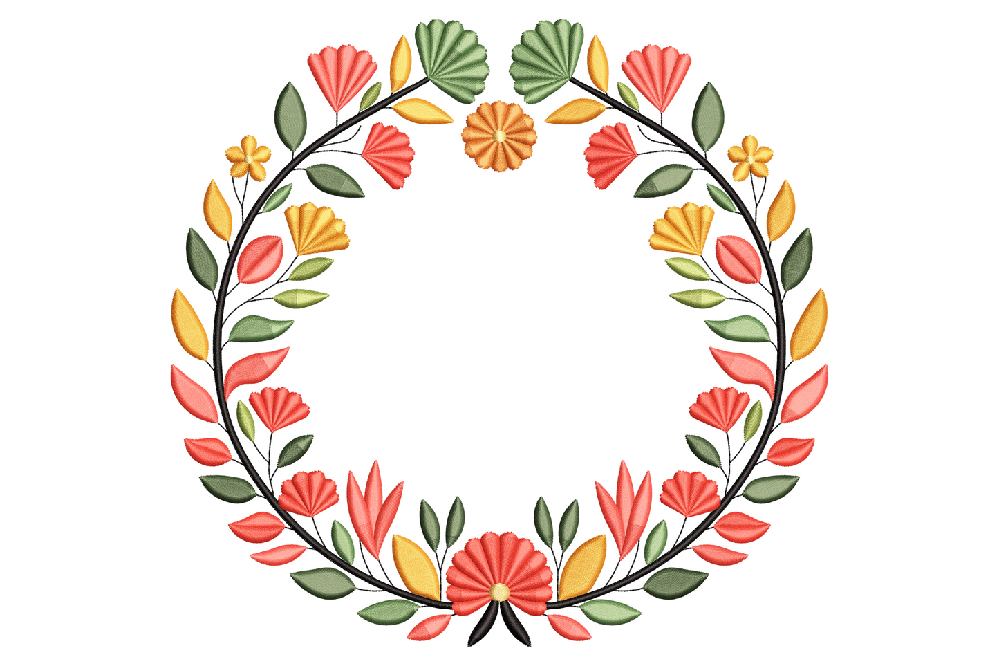 Botanical floral wreath embroidery design, circular arrangement of roses and leaf sprigs in coral pink sage green and cream, nine colour machine embroidery