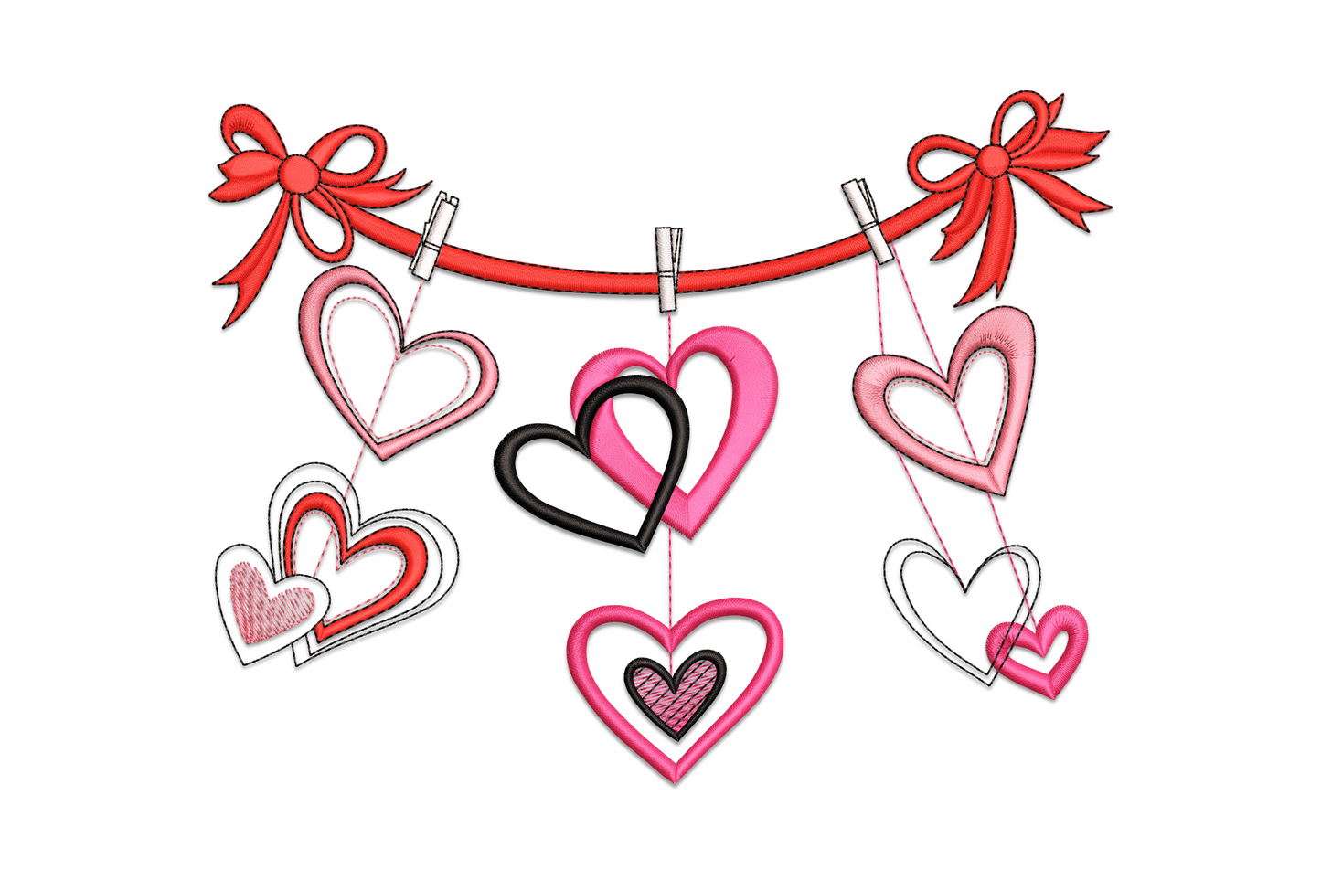 Hanging hearts garland embroidery with red bows, clothespins, and mixed pink red and black outline hearts dangling from a curved red string.