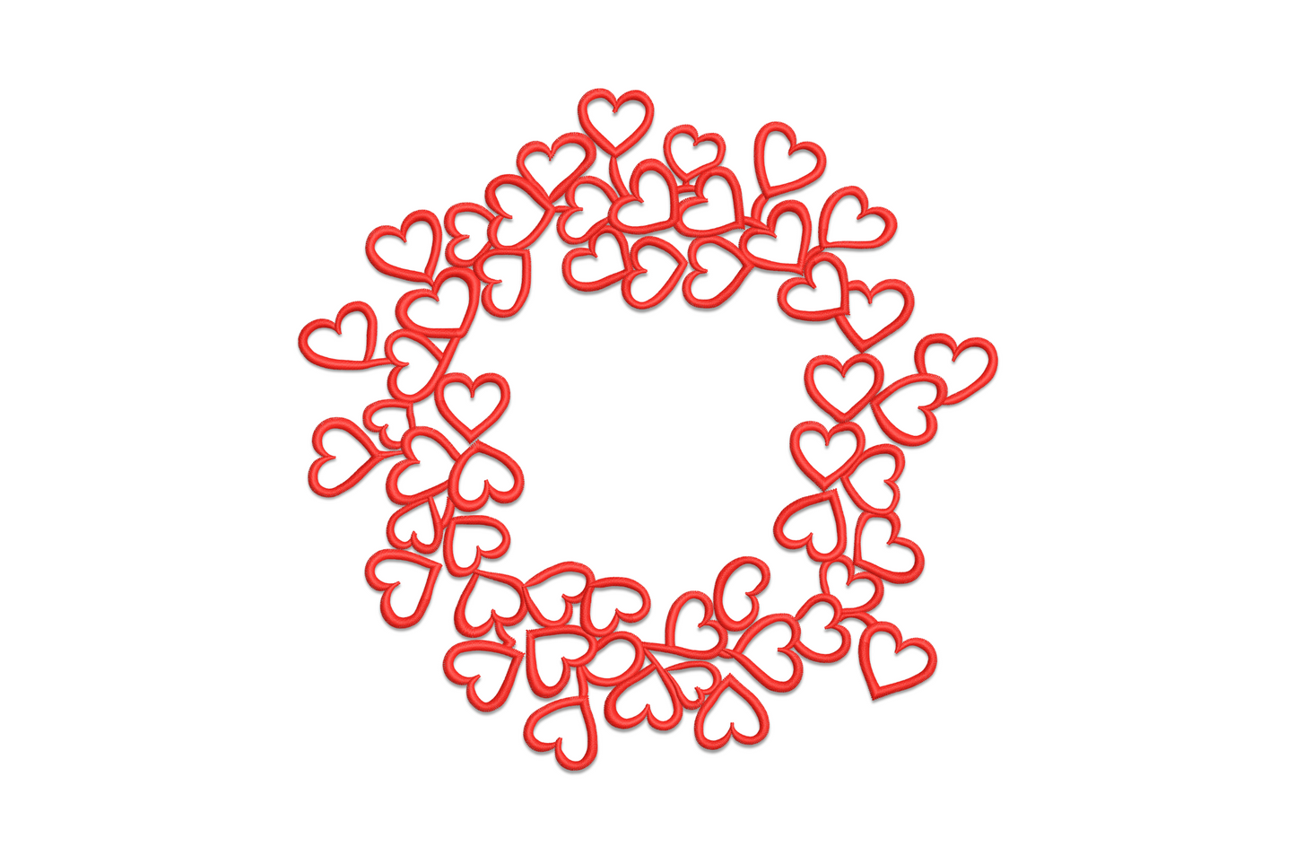 Circular wreath made of overlapping red heart outlines with open centre, valentines day embroidery design