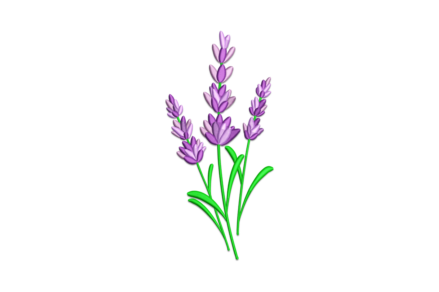 Botanical lavender sprig embroidery design with small flower clusters and grey-green leaves on natural linen fabric in pale purple thread