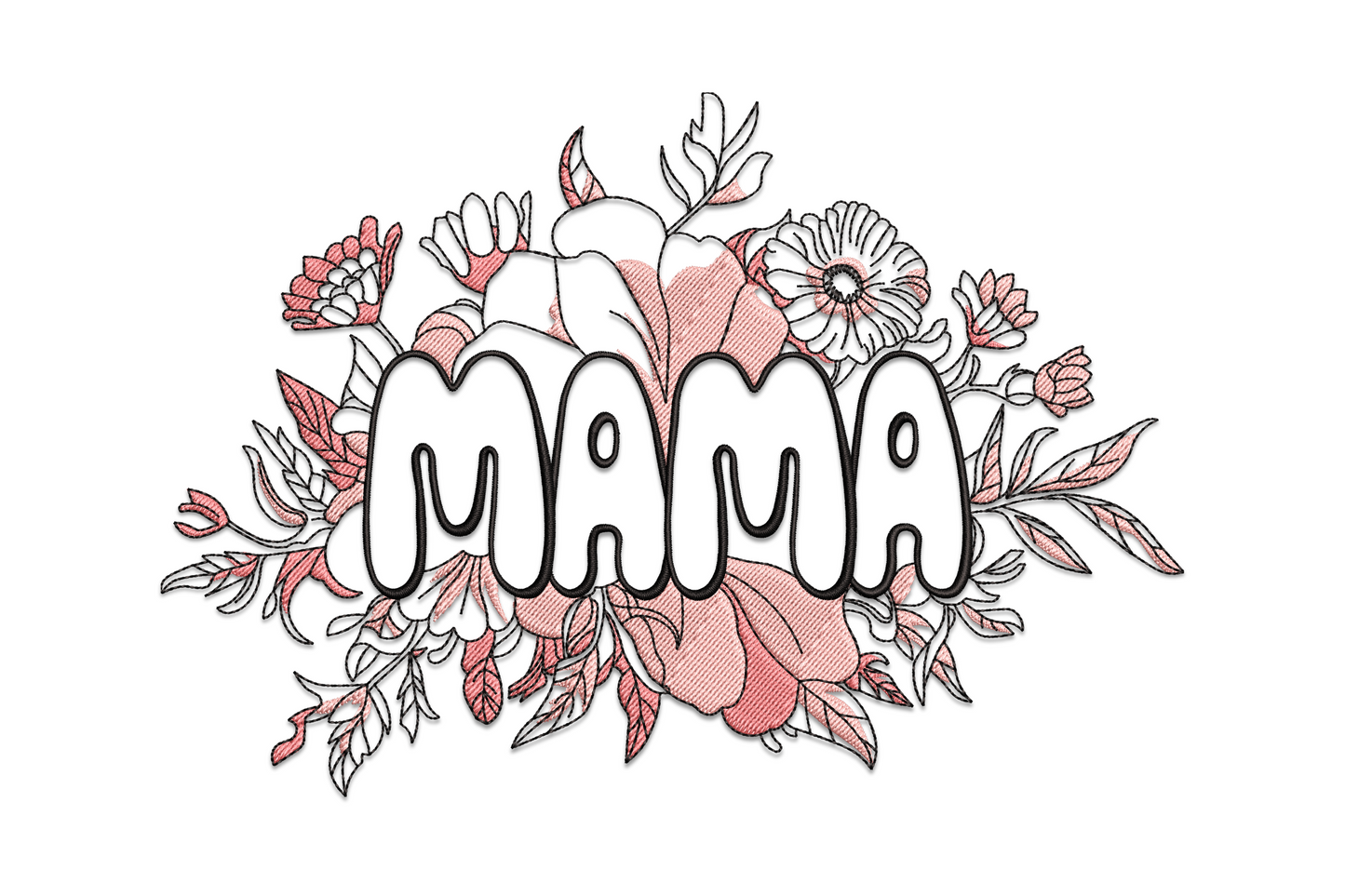 MAMA bubble letter embroidery on peach and blush floral backdrop with black botanical line art accents, modern boho design