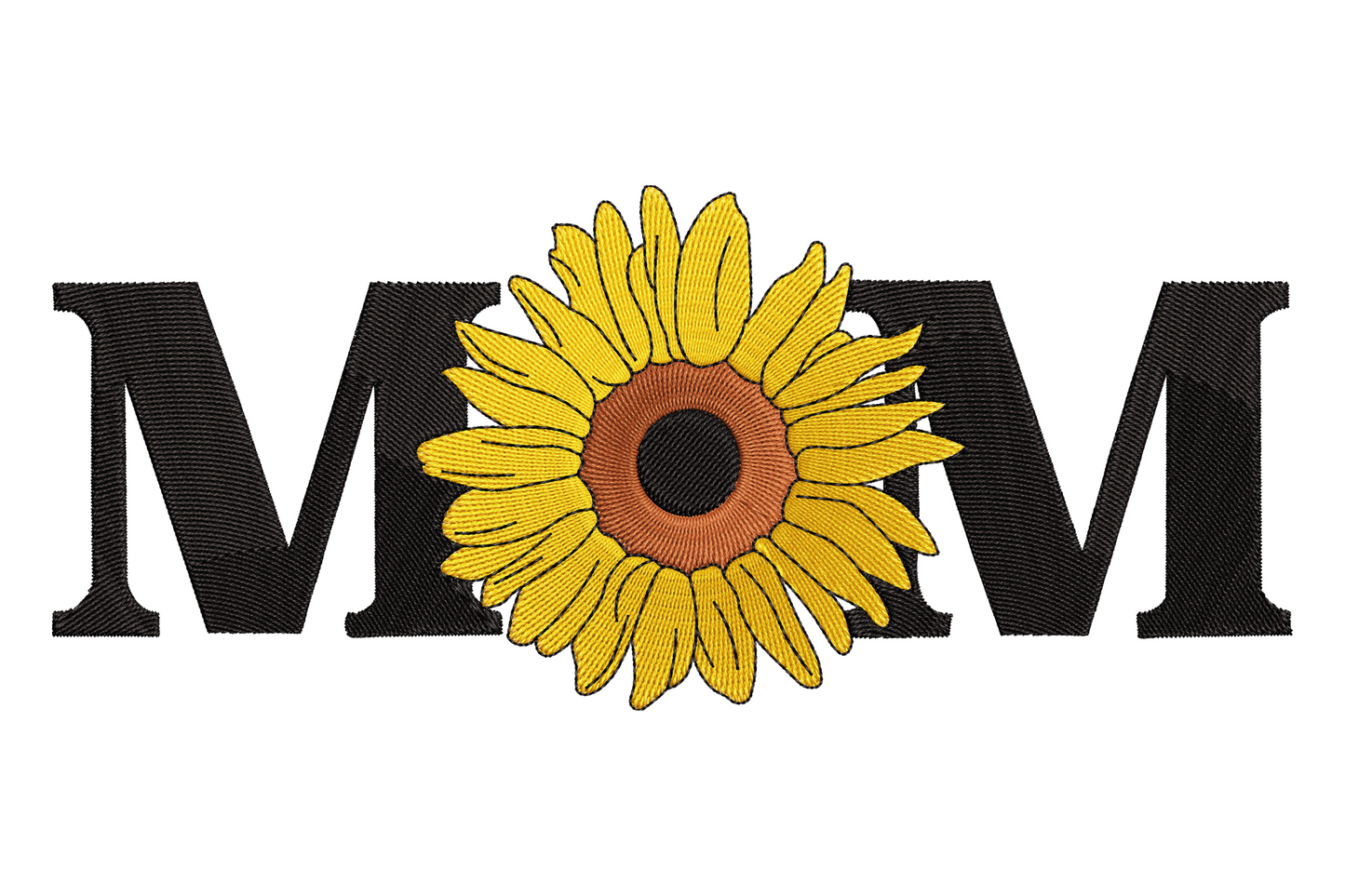 Mom sunflower embroidery design with black MOM letters and a golden yellow sunflower replacing the O, rust brown seed centre.