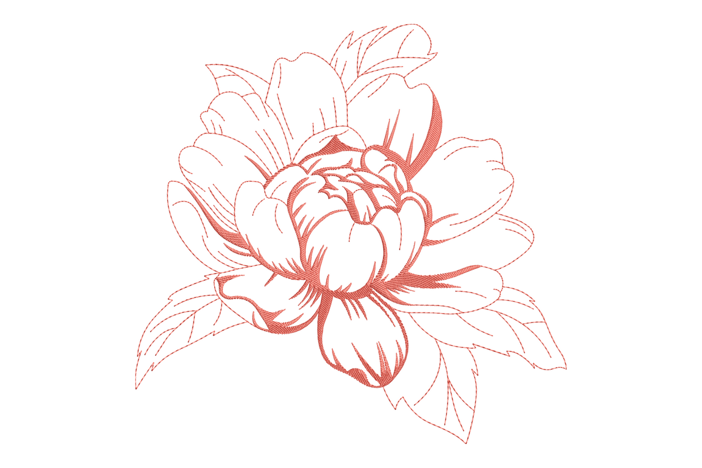 Peony flower embroidery design in classic redwork outline style, coral red thread on white, layered petals and botanical leaves.