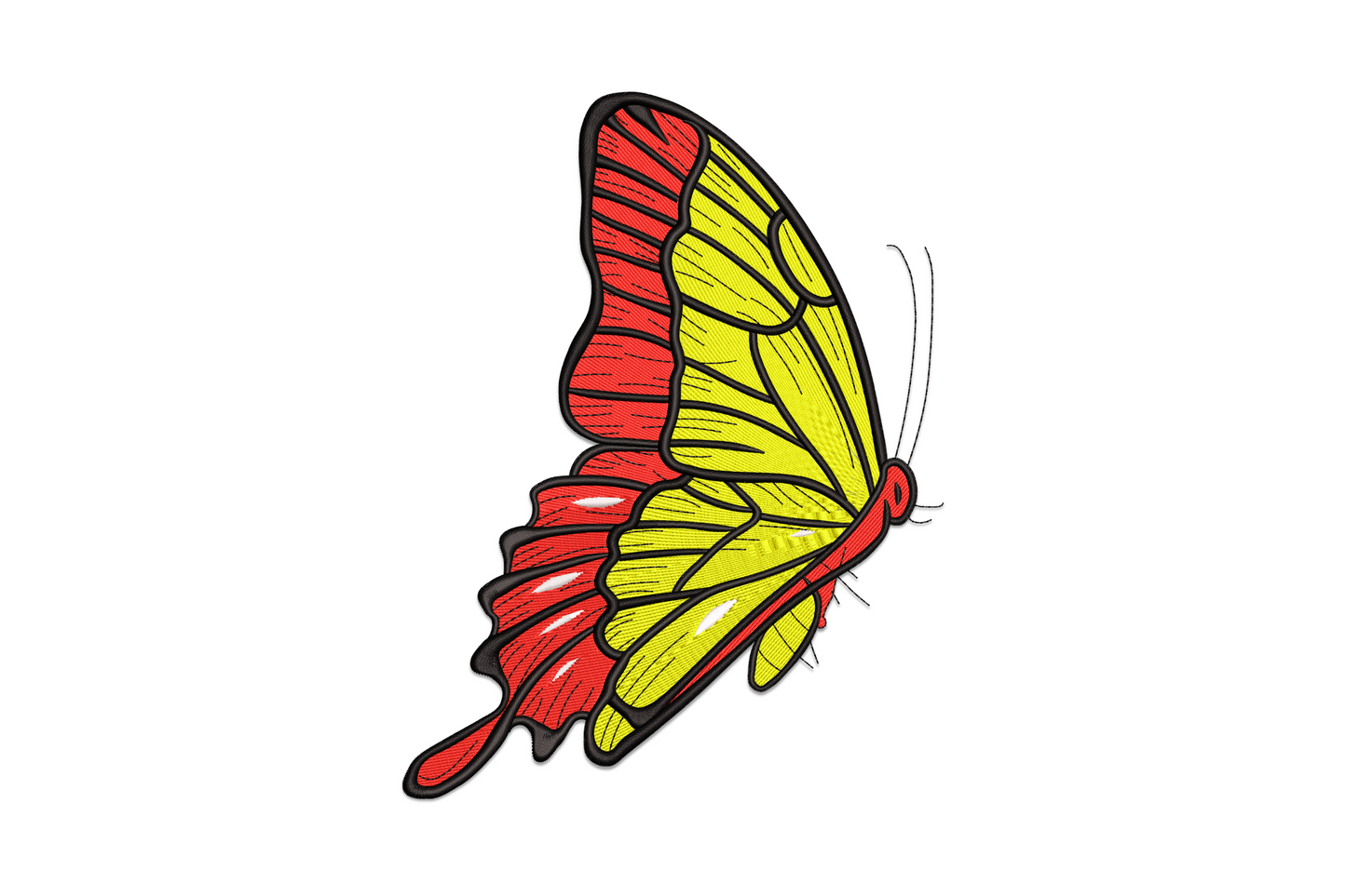 Red and yellow butterfly embroidery design with symmetrical spread wings, crimson upper wings, golden lower wings, and black body on white background.