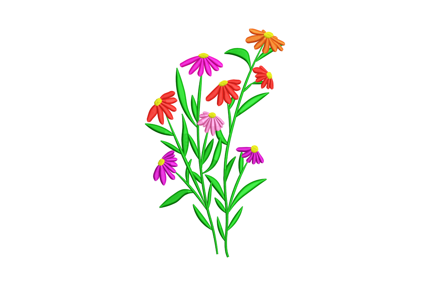 Wildflower bouquet embroidery design with 7 thread colours including dusty rose, sage green and soft lavender, 5 sizes from 3.5 to 7.5 inches wide for spring florals on shirts bags and linens