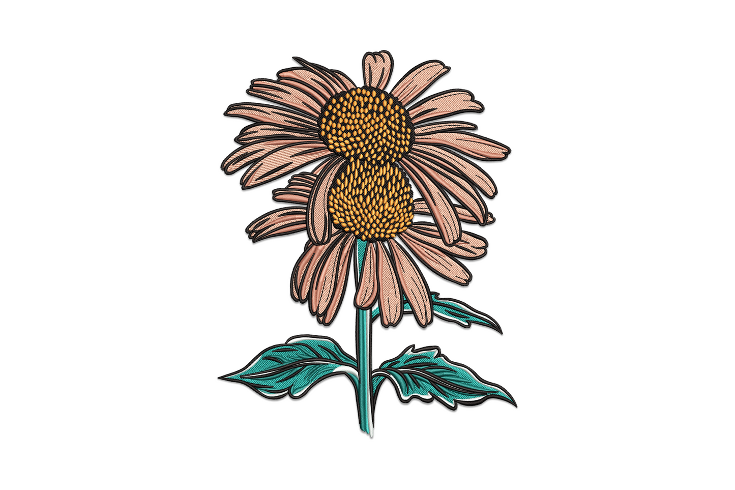 Wildflower coneflower embroidery design with drooping dusty-rose petals, a raised amber seed centre, and teal-green stem and leaves.