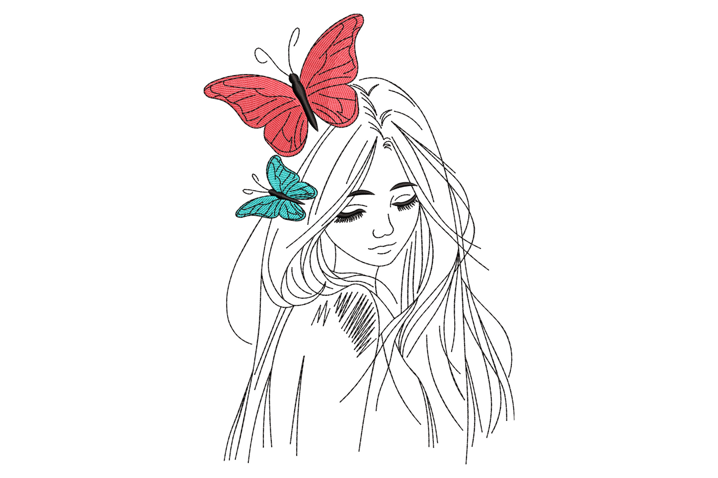 Line art girl portrait with red and aqua butterflies in flowing hair, 3-color fashion beauty embroidery, sketch style