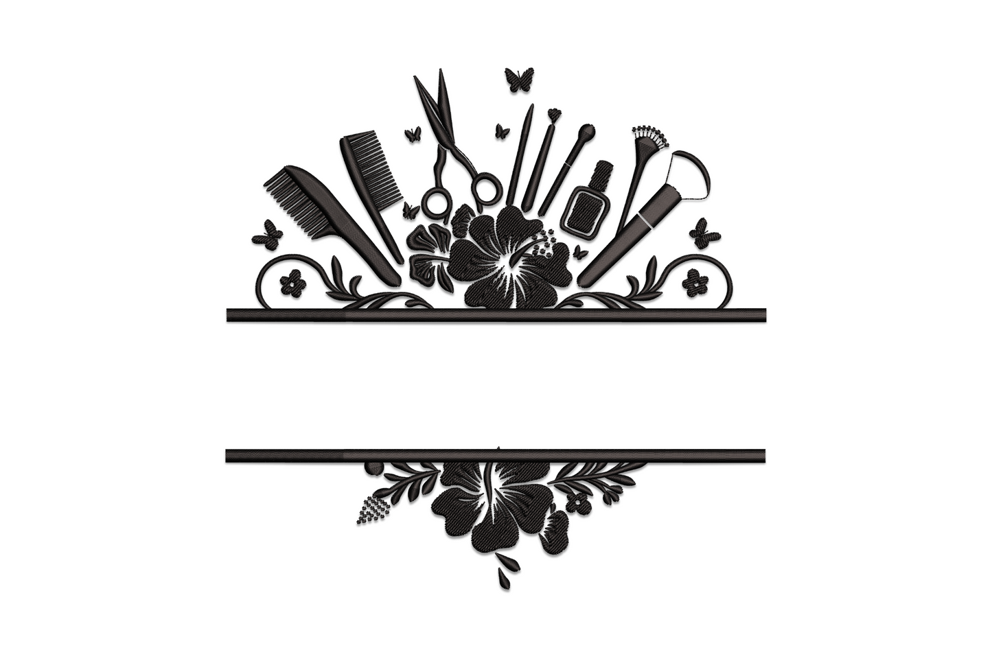 Beauty salon tools frame embroidery design, fan arch of scissors combs and flowers in black satin, machine embroidery.
