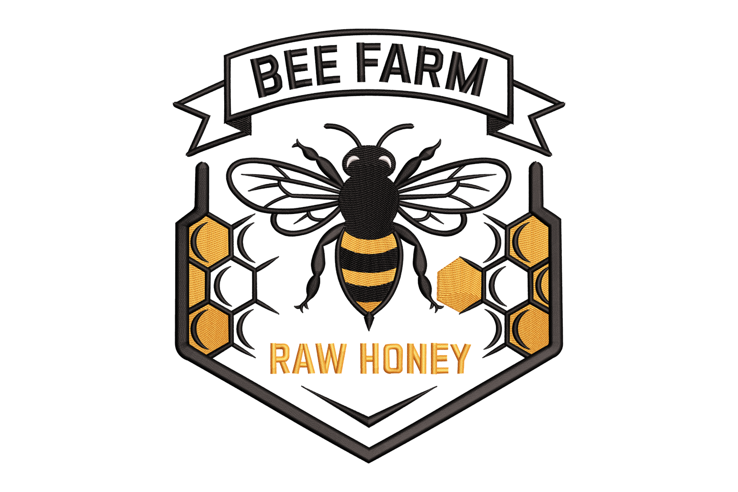Logo of a bee farm with a bee and honeycomb design on a white background