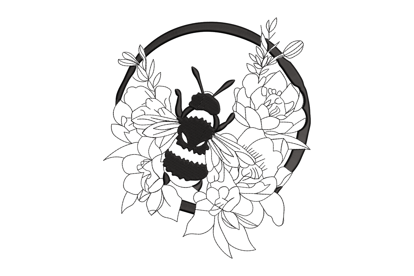 Bee floral wreath embroidery design with bold satin ring border and open roses with bee inside in black thread