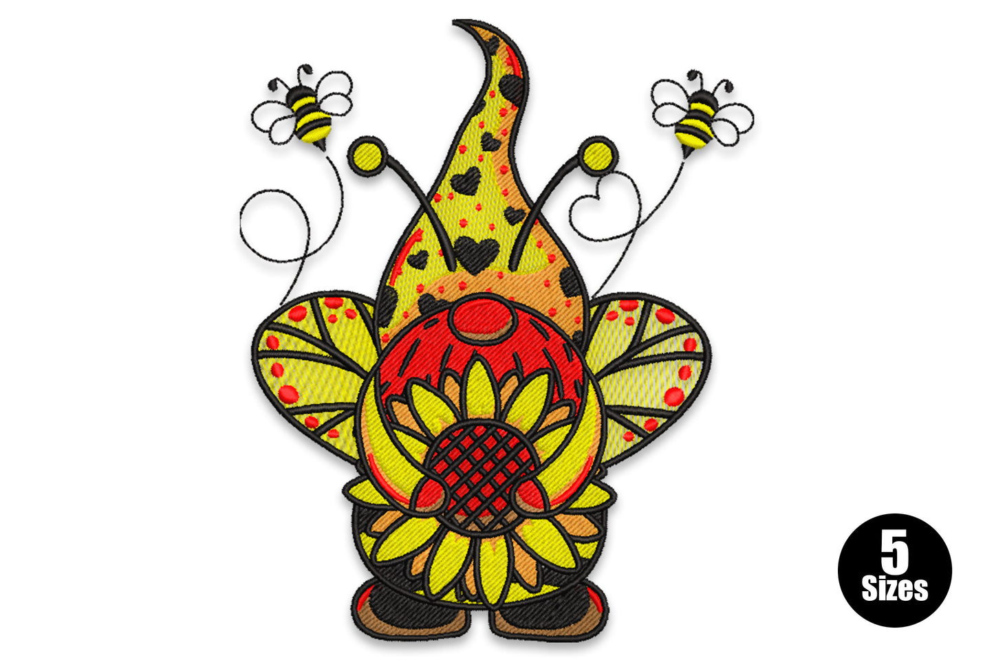 Bee gnome sunflower embroidery design, gnome in bee stripes with sunflower in 5 thread colours, whimsical garden pattern