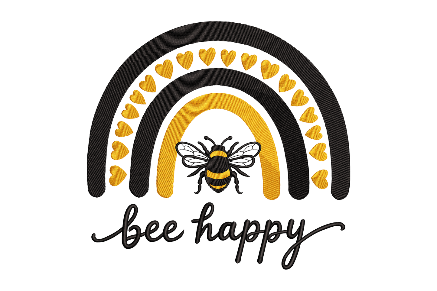 Decorative design with a bee and rainbow of hearts on a white background