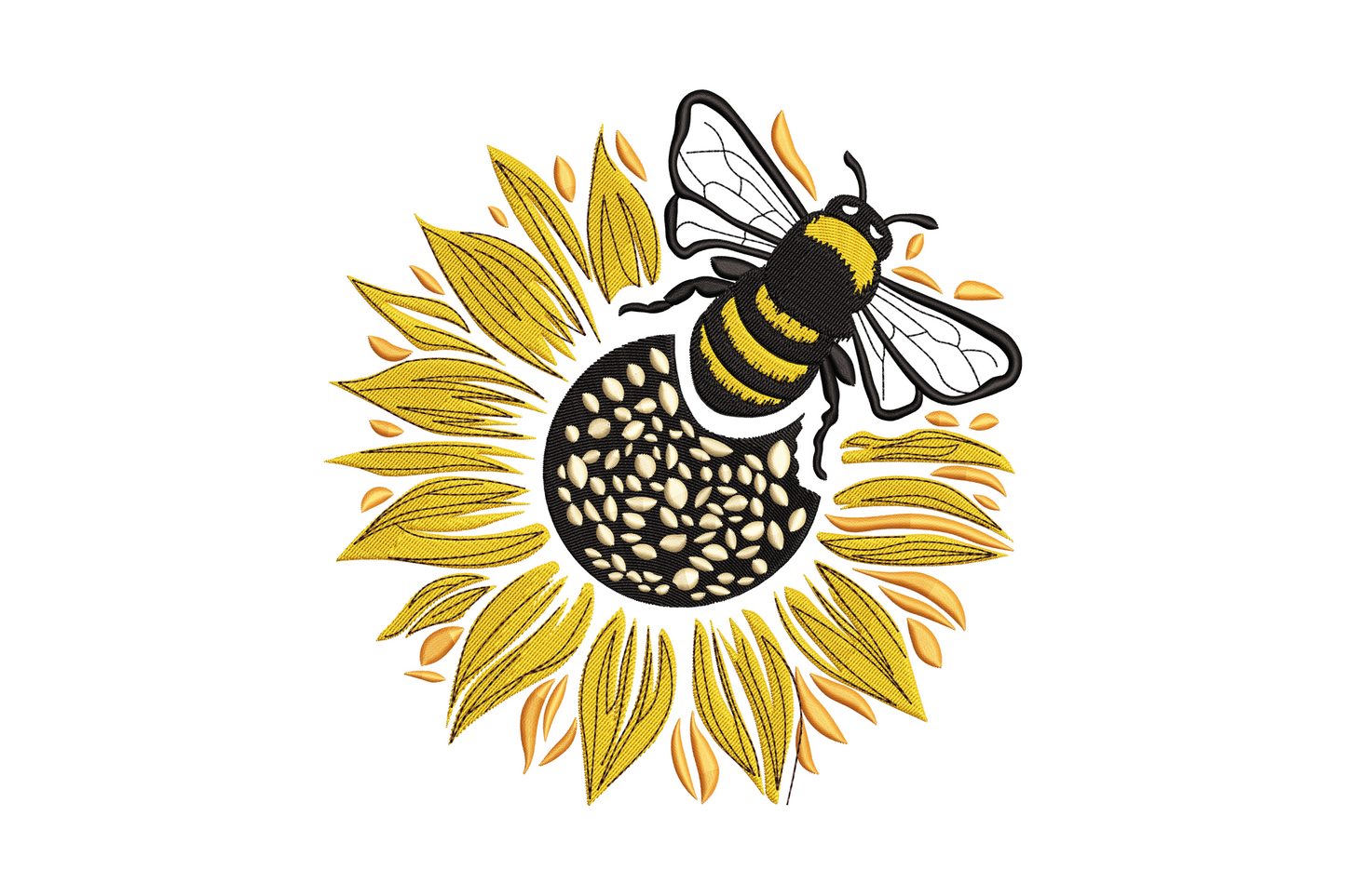 Bee and sunflower embroidery design, bumblebee on sunflower in amber and black, machine embroidery pattern