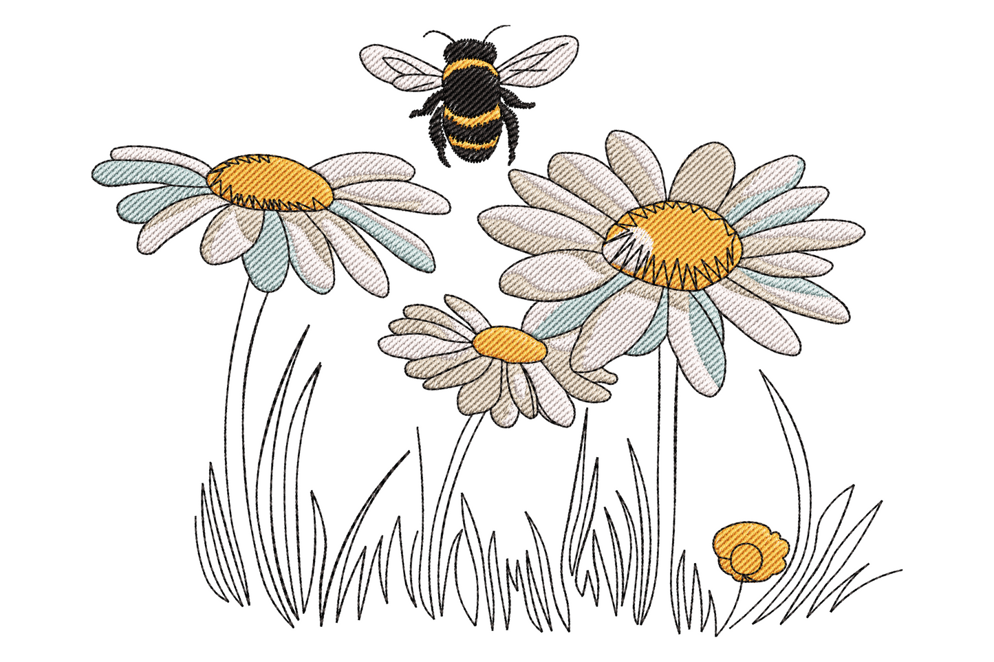 Bee and daisy flower embroidery, three white daisies with yellow centres, bumblebee hovering above sketched grass