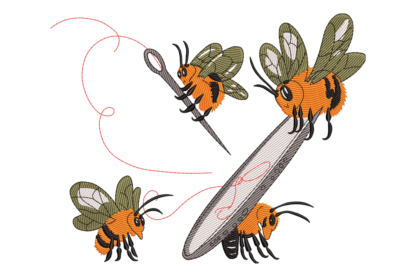 Three cartoon bumblebees working together to thread a large sewing needle, orange and black striped bees with olive wings, grey needle and red looping thread.