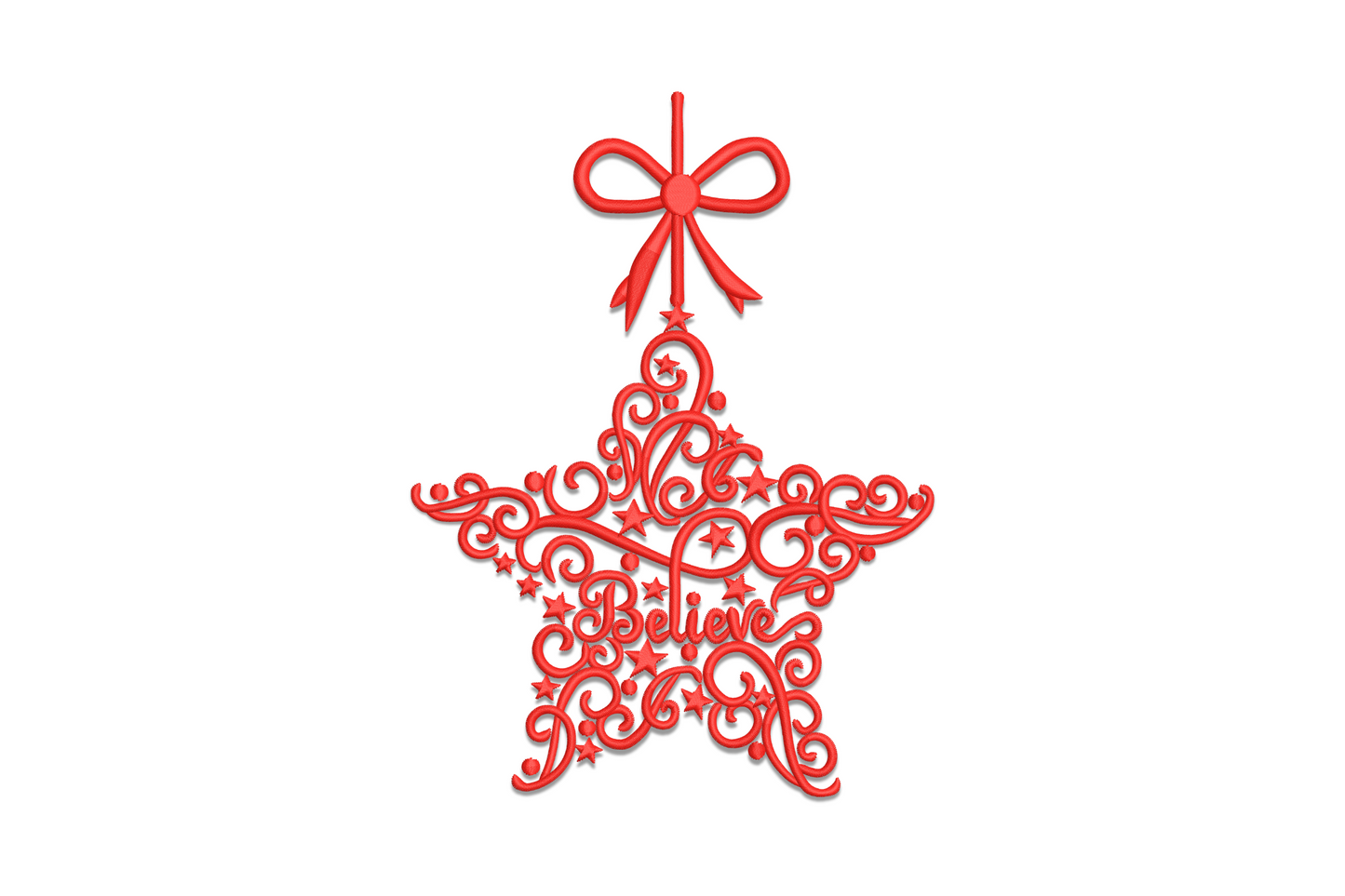 Believe star Christmas ornament embroidery design with scroll fill and ribbon bow in red thread on navy fabric.