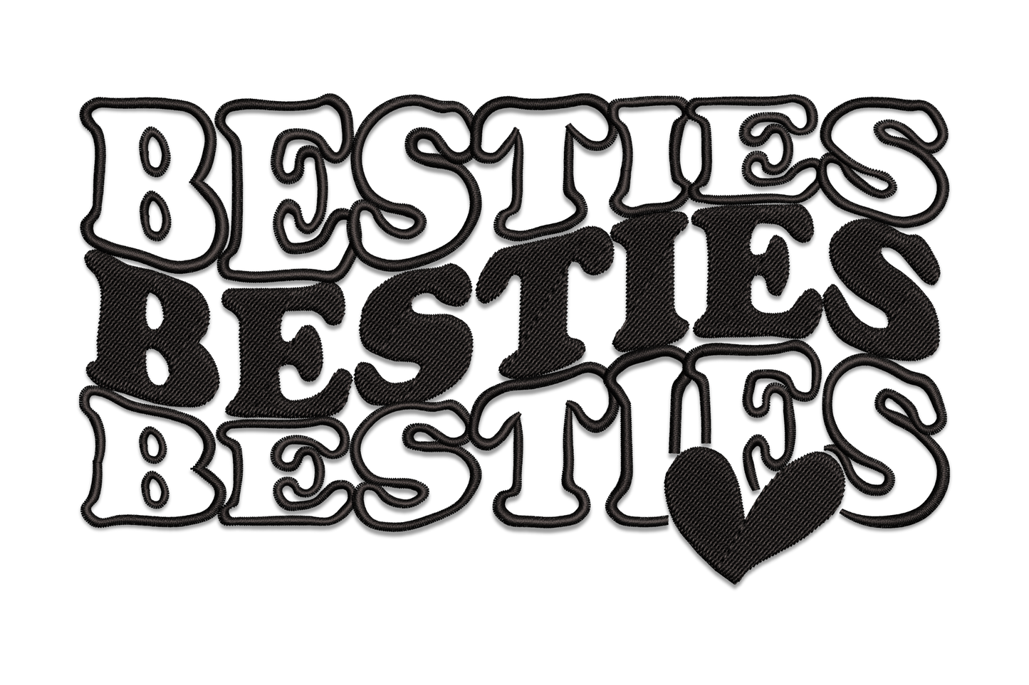 Retro bubble-letter BESTIES word art stacked three rows with heart embroidery design