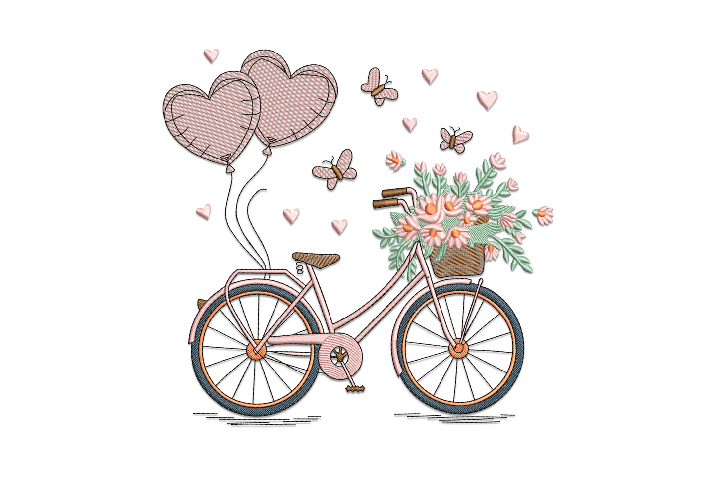 Vintage bicycle embroidery with cluster of red and pink heart balloons tied to handlebars, grey spoked frame on cream fabric