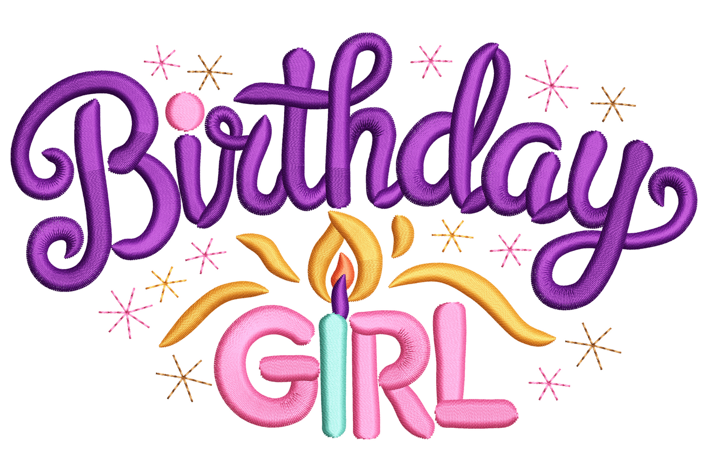 Birthday Girl lettering embroidery design with purple bouncy script, chunky pink block letters and teal pink candle.