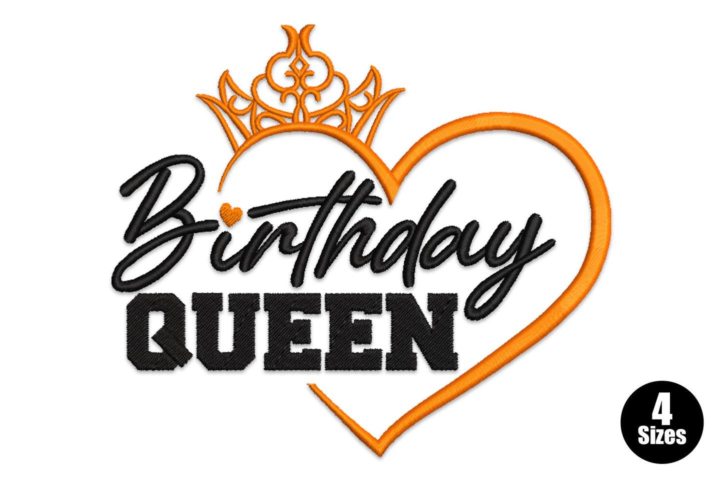 Birthday Queen machine embroidery design with crown detail in gold and black, 4 sizes from 8349 to 16307 stitches for birthday gifts and celebrations