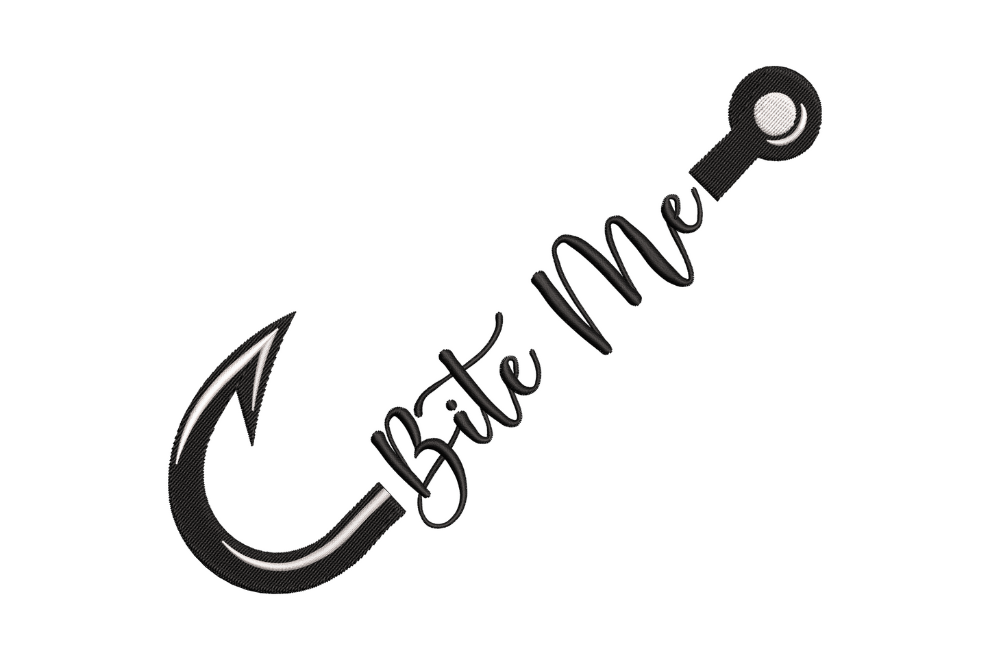 Machine embroidery Bite Me cursive text running along a fishing hook at a diagonal angle in black on white background