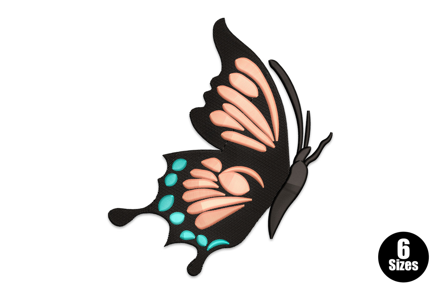 Black butterfly machine embroidery design with tonal wing detail in black white and grey, 6 sizes 3255 to 20374 stitches for dark fabric and nature fashion projects