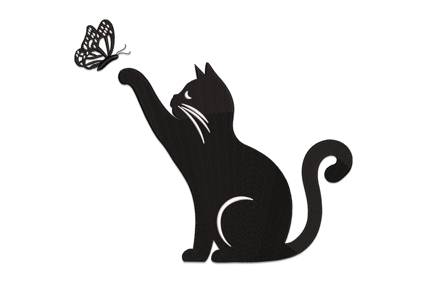 Black cat butterfly embroidery design with seated silhouette cat reaching one paw toward a detailed white butterfly.
