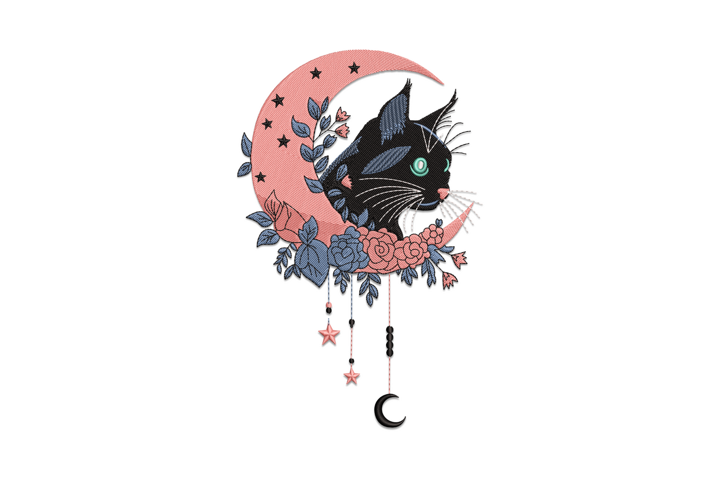 Black cat moon embroidery, cat profile against salmon crescent, floral rose collar, dangling star charms and moon pendant.