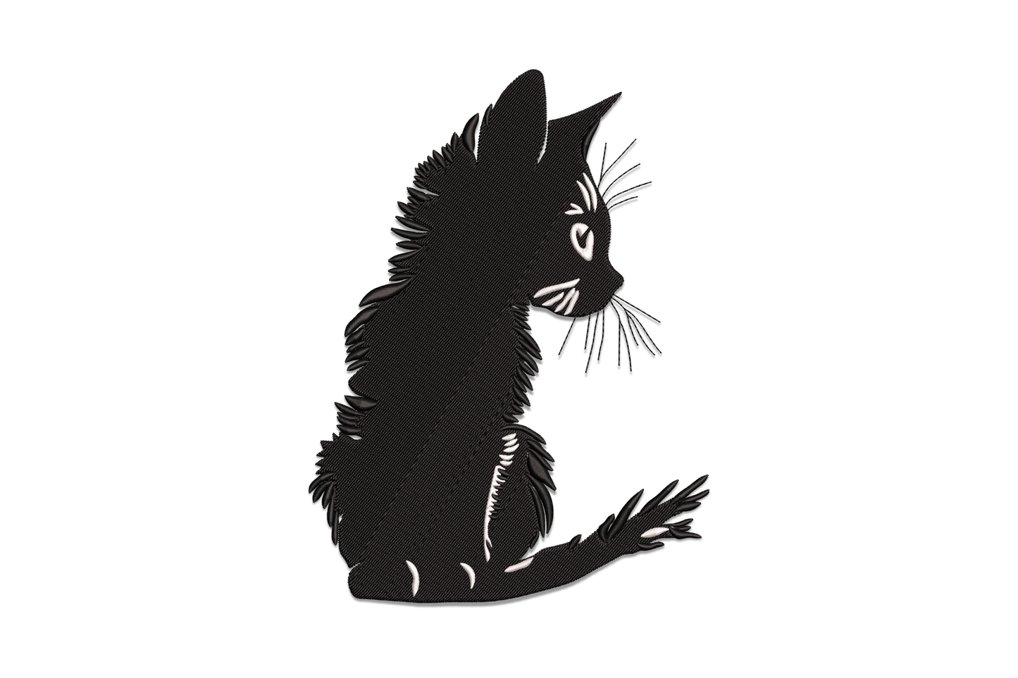 Machine embroidery design of a seated black cat silhouette with raised paw, etched fur texture and white whisker lines, 2 colors black and white