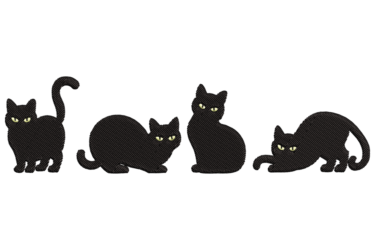 Four black cat silhouettes in a row on white fabric, horizontal embroidery design with green eye accents, satin stitch fill