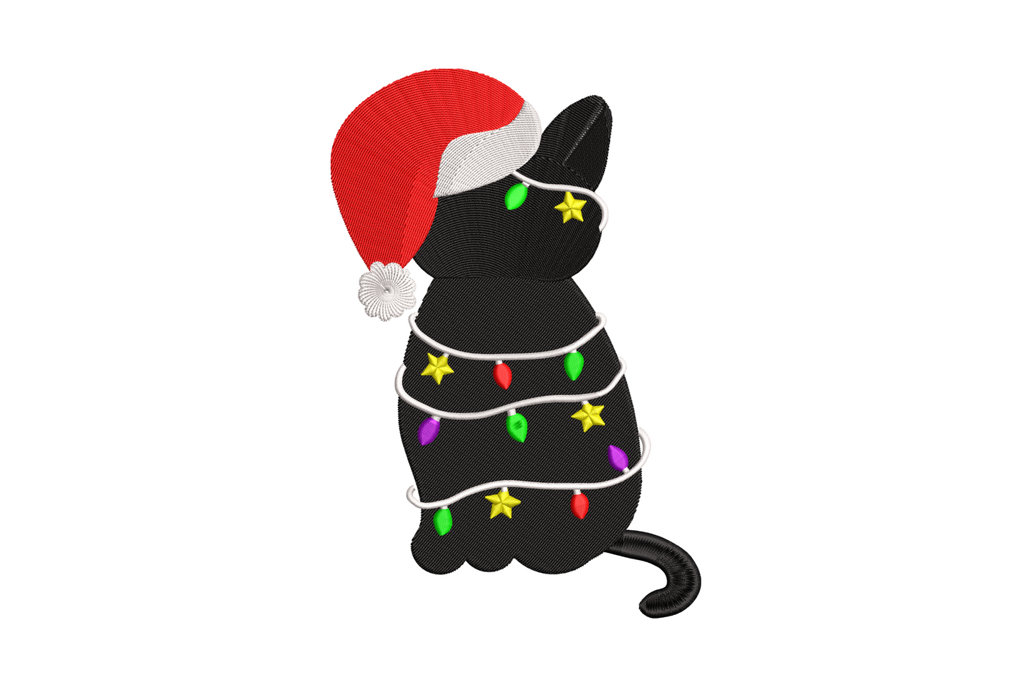 Black cat santa hat embroidery, solid black cat wearing a bright red santa hat, white pompom, unimpressed expression.