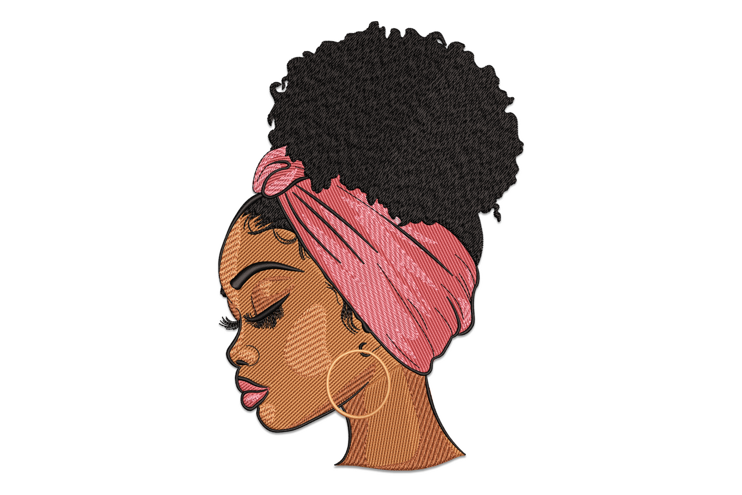 Black girl headwrap portrait embroidery, side profile with natural hair puff, pink headwrap and gold hoop earring.