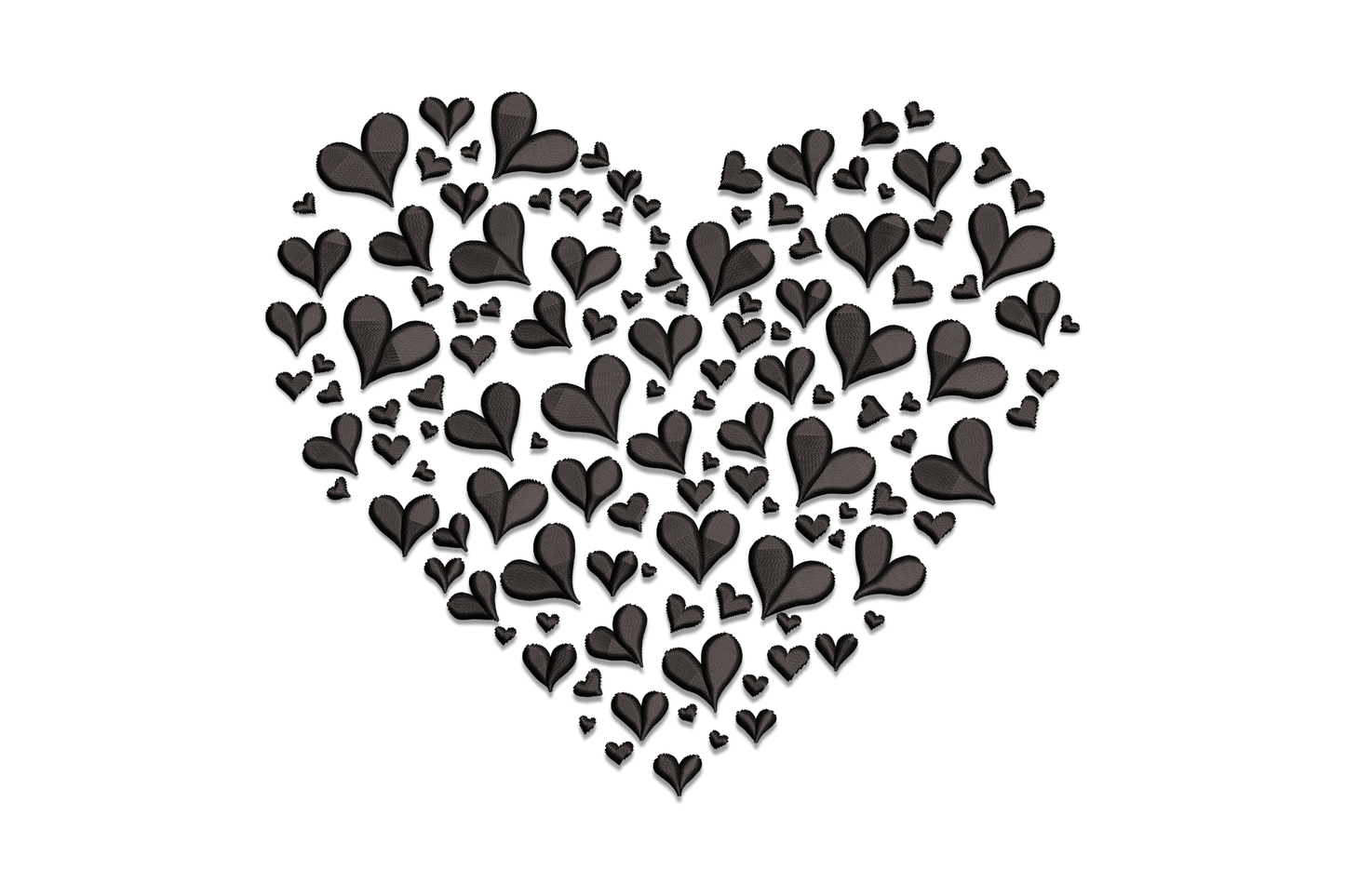 Black hearts cluster embroidery design showing a large heart shape filled with dozens of small satin-stitched hearts.