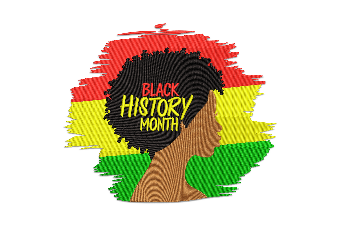 Black history month afro woman embroidery, side profile silhouette with red, gold and green brush-stroke stripes.