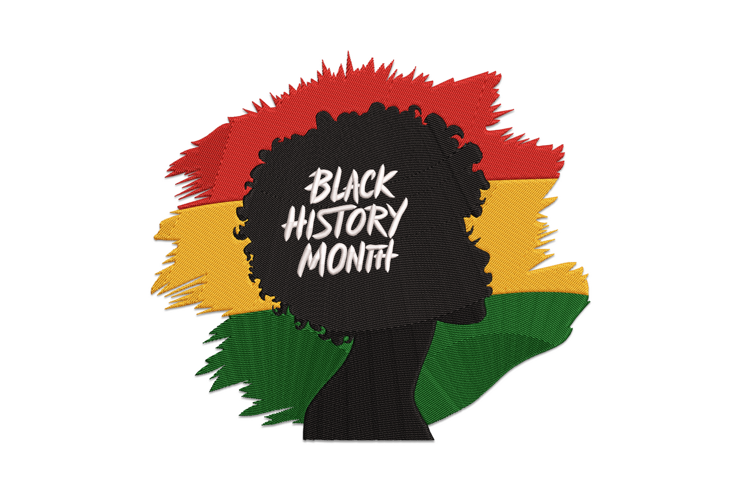 Black History Month afro woman embroidery design with a bold black silhouette against Pan-African red gold and green brush-stroke bands with white brush-script text over the afro