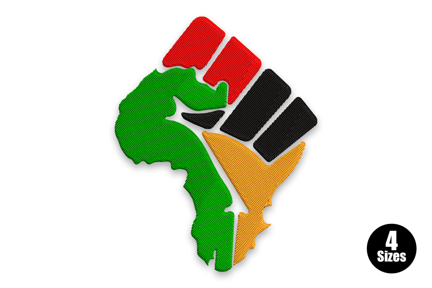 Black power Africa fist embroidery, raised fist in red and black merged with African continent in green and orange fills.