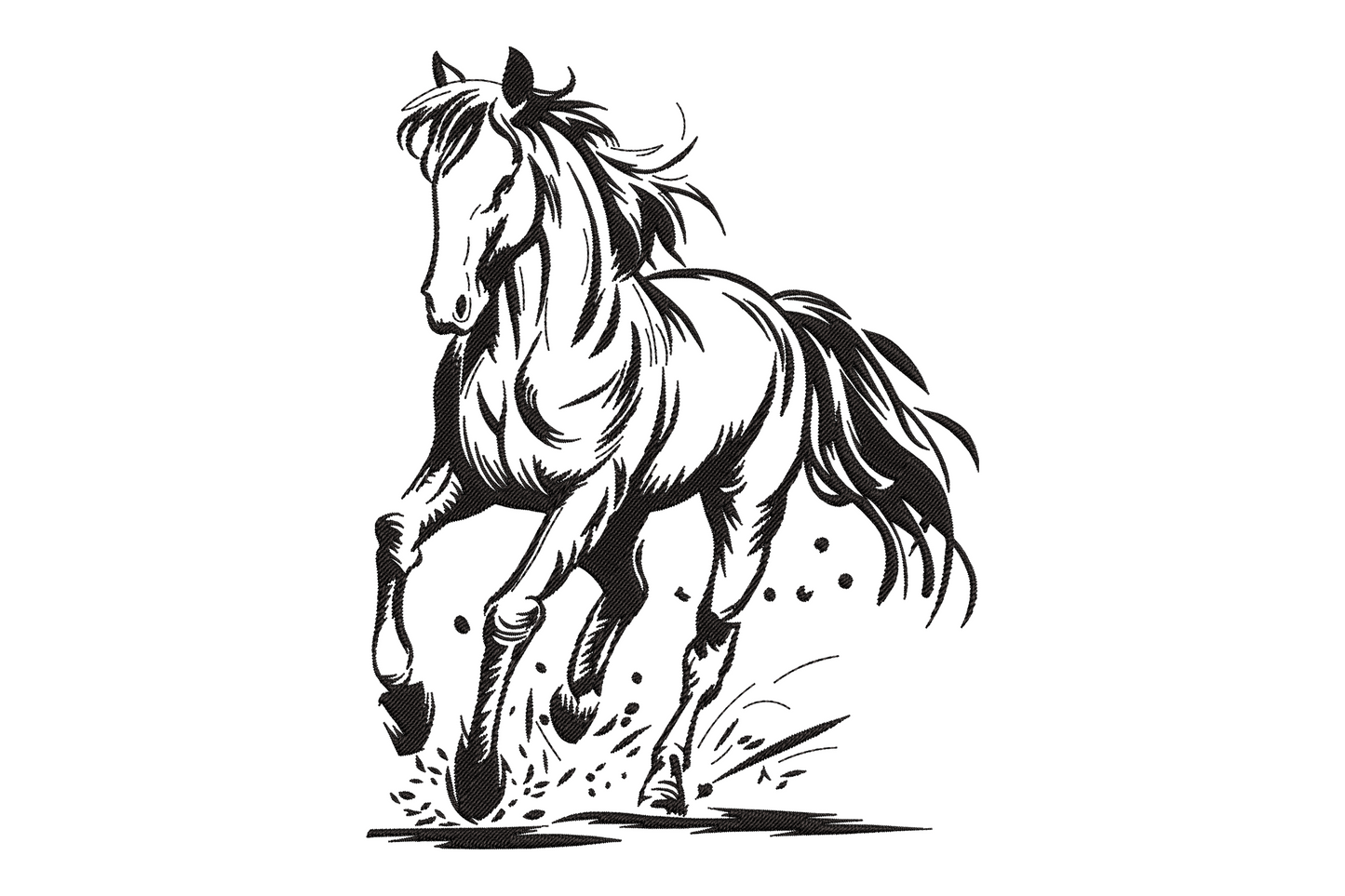 Black stallion horse line art embroidery design, single colour contour outline, profile view with flowing mane