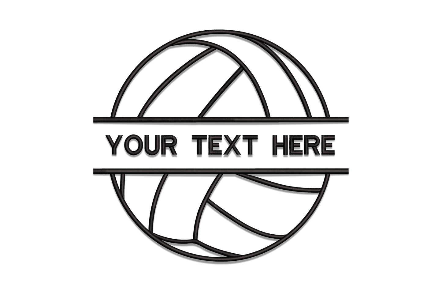 Blank basketball outline embroidery design showing curved panel seams and horizontal equator line in black satin stitch on white fabric