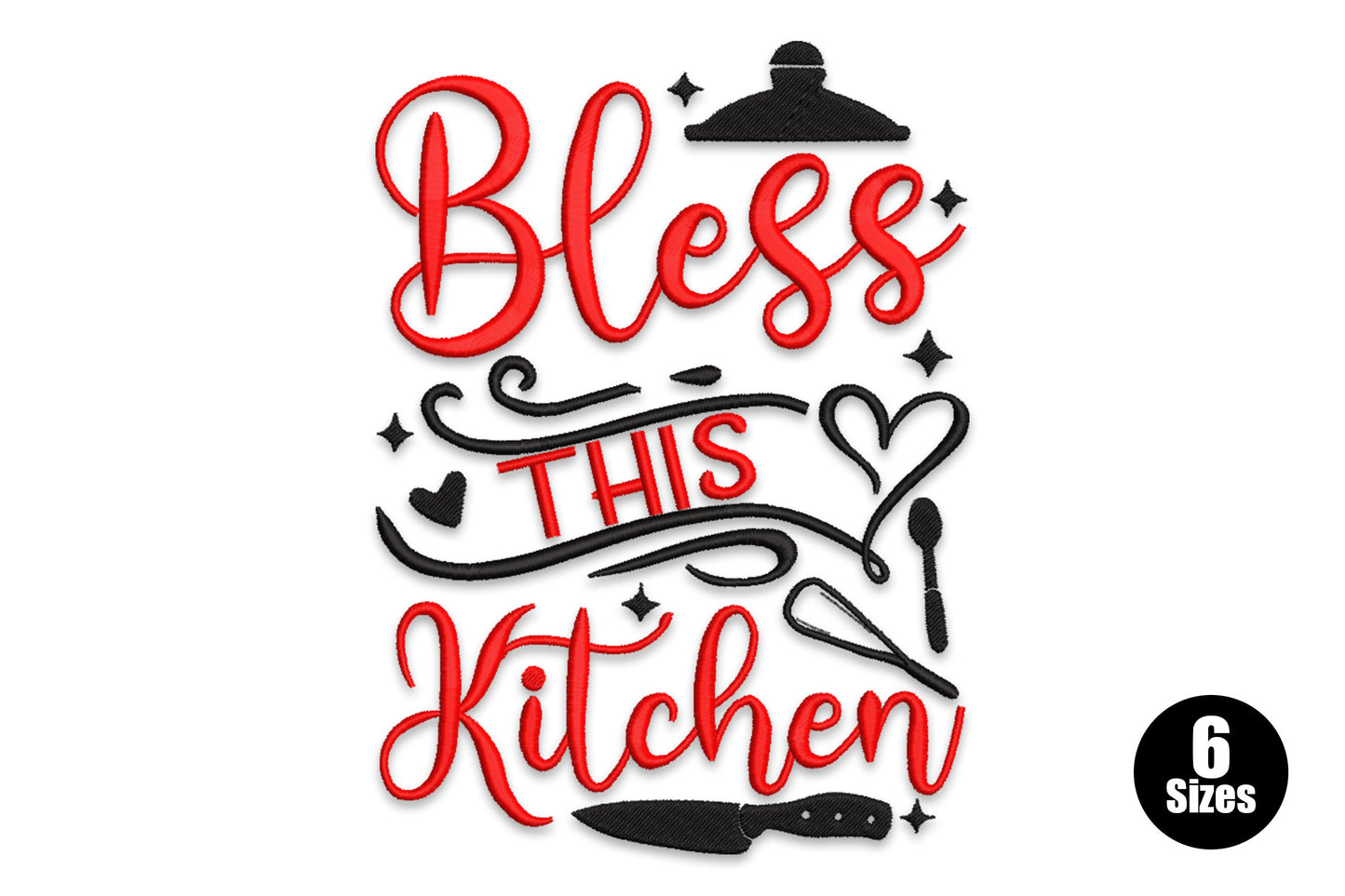 Bless This Kitchen embroidery design with red cursive script and black kitchen tool silhouettes including a pot lid and chef knife.