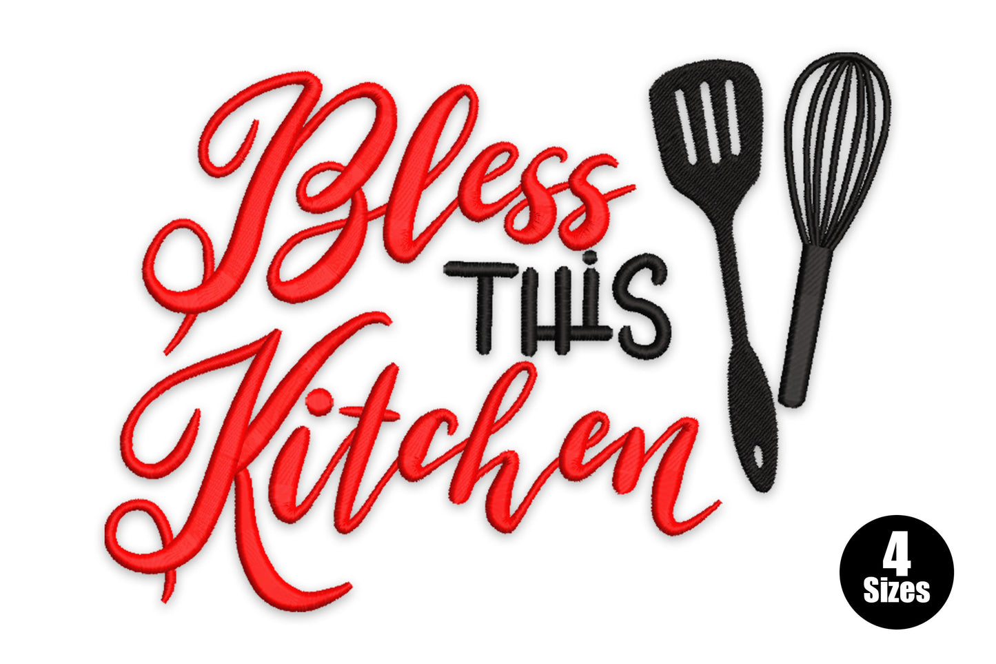 Bless This Kitchen flowing script machine embroidery design in 2 colours on white background