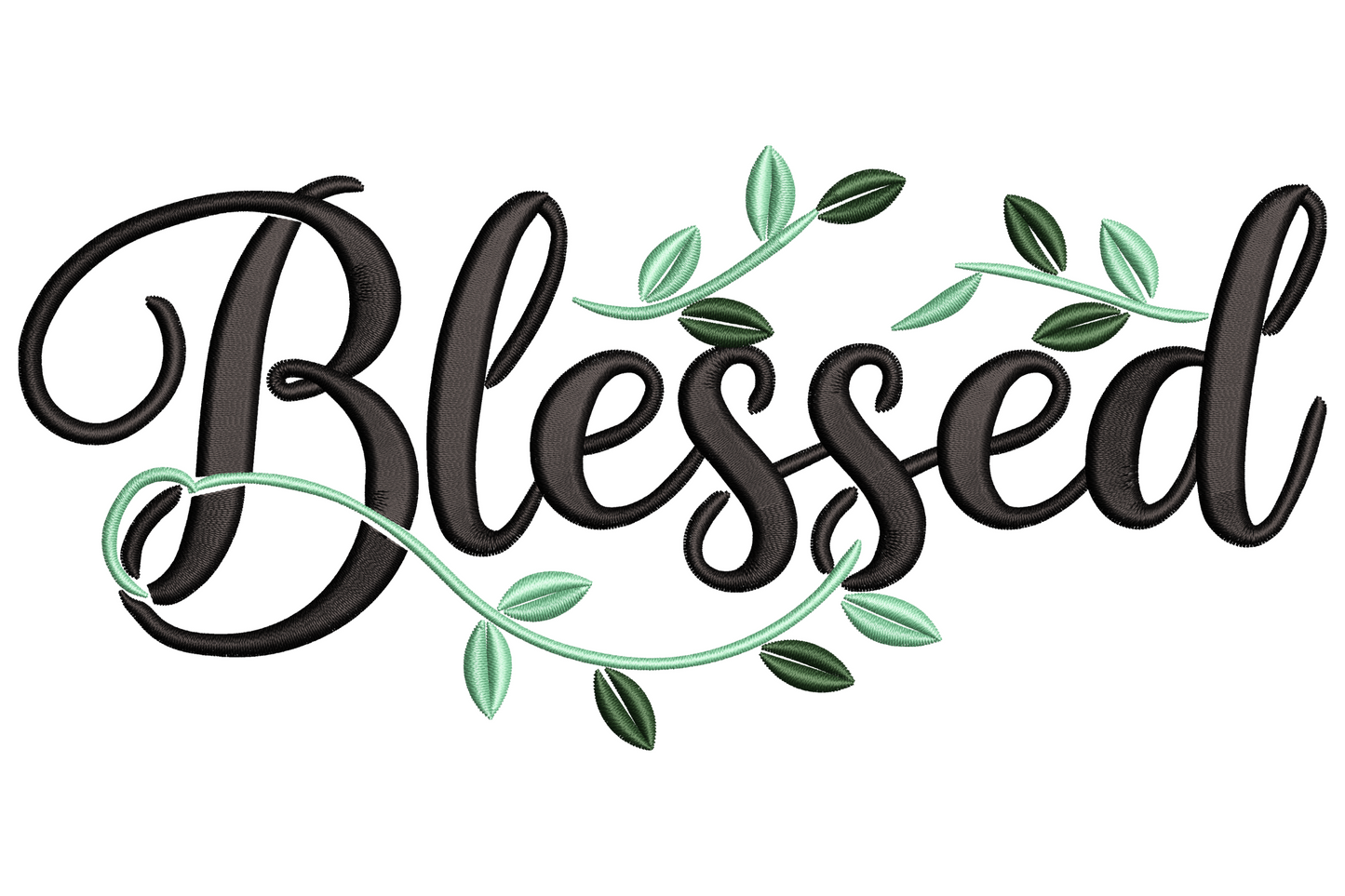 Blessed script embroidery in bold black calligraphy with a sage green leaf vine weaving through the letters, clean and warm.