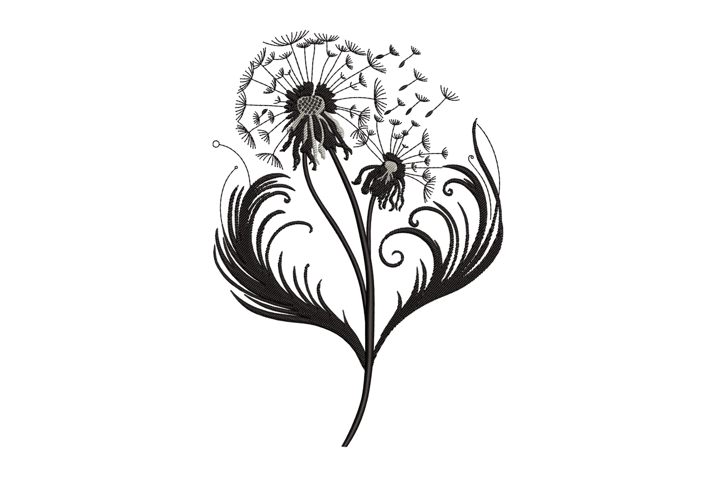 Dandelion seed head mid-blow with drifting wisp seeds scattered wide, two colour botanical illustration, wide horizontal composition embroidery design