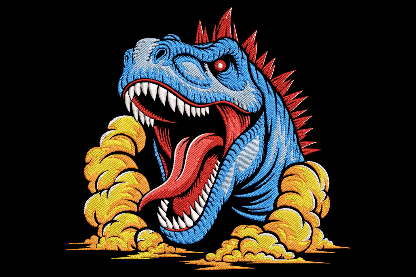 Blue cartoon T-rex dinosaur head embroidery with red spikes, glowing eye, white teeth and mustard smoke puffs.