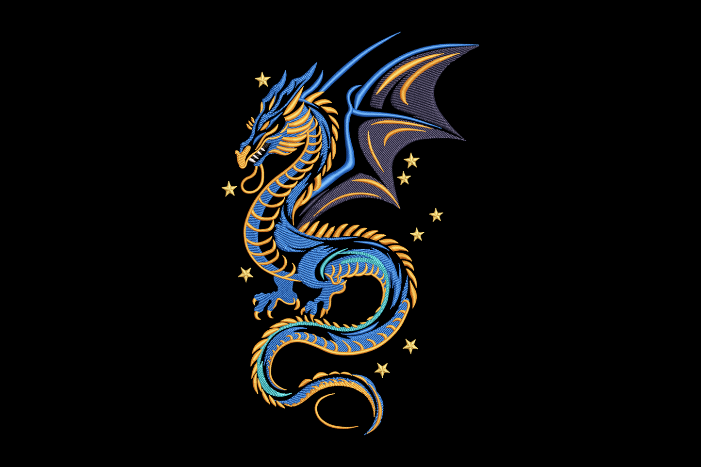Blue dragon embroidery with electric cobalt blue coiled body, bat-style wings with gold trim and seven gold stars on black.