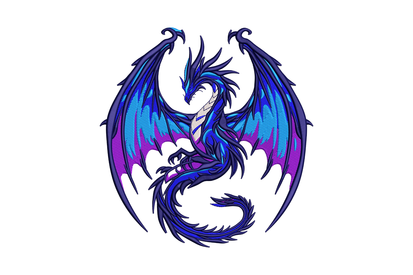 Blue fantasy dragon embroidery design with purple to navy 5-colour gradient, wings spread, 5 sizes to 7.51 inches