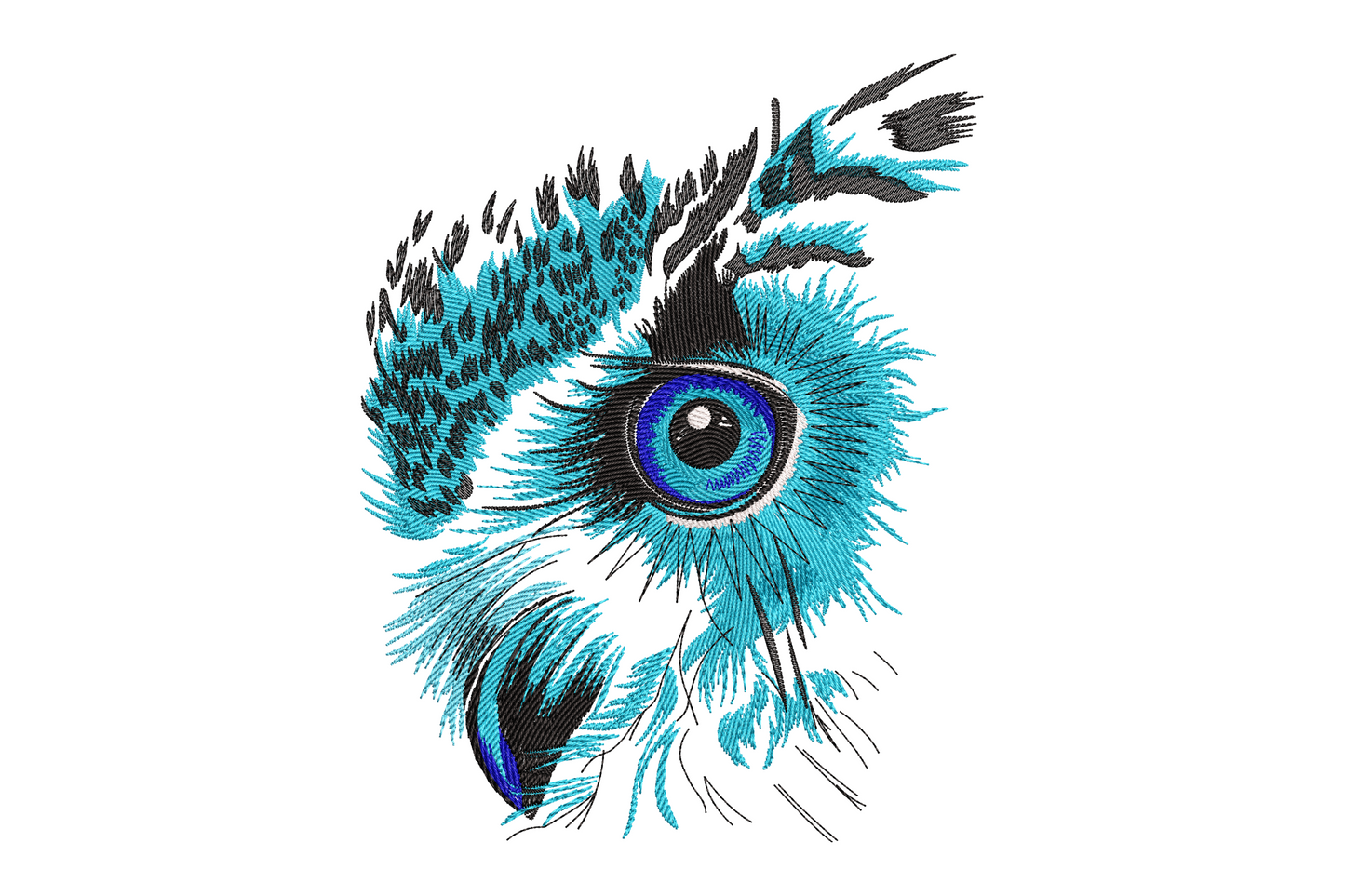 Blue peacock feather eye embroidery, teal barbs from a cobalt blue iris, white highlight and dark feather tips.